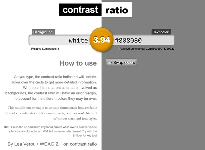 contrast-ratio.com screen dump